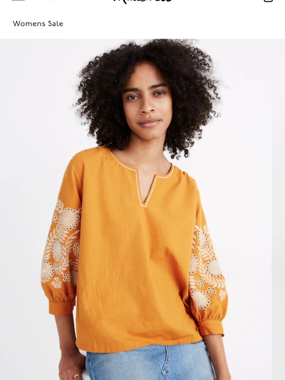 Madewell Embroidered Split-Neck Peasant Top - Mustard Cottagecore Boho Chic